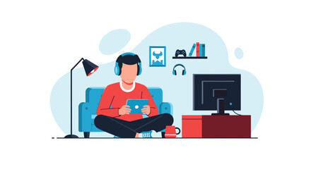 Man relaxing at home, playing games on tablet, perfect for blogs or websites about gaming and leisure.