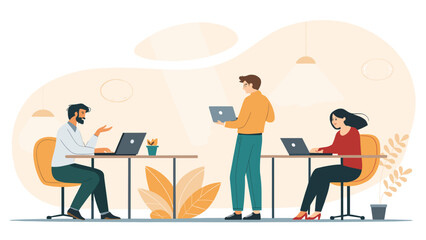 Teamwork in a modern office: diverse colleagues collaborating on projects using laptops. Ideal for websites, presentations, and brochures.