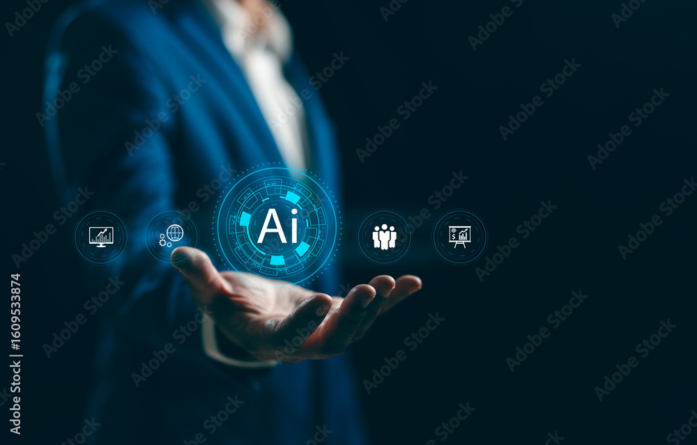 Poster businessman showing ai technology analyzing financial data stock market. document data management on