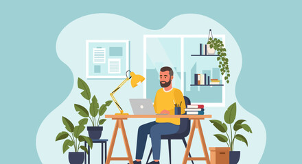 Man working from home at a desk with plants, perfect for illustrating remote work, freelance, or home office concepts.