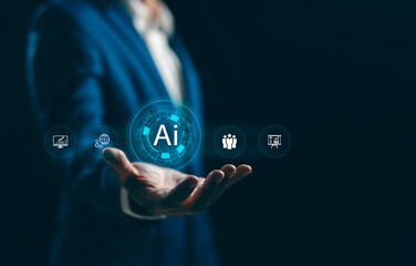 Businessman showing AI technology analyzing financial data stock market. Document data management...
