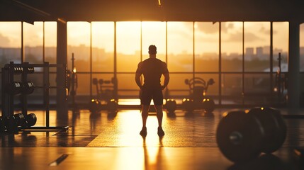 Bodybuilder stands in a gym with weights and equipment facing a bright window during golden hour light