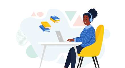 Woman using laptop for online learning, perfect for education websites and e-learning platforms.