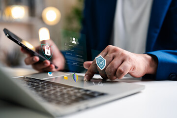 Businessman tools uses AI technology analyzing financial data stock market. AI learning and...