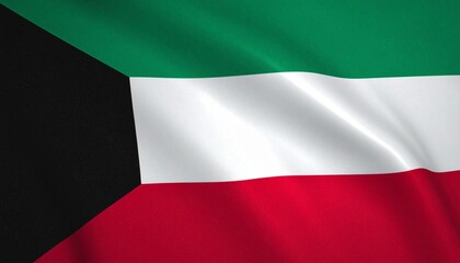 Kuwait national flag featuring horizontal green, white, and red stripes with a black trapezoid at the hoist and central emblem showing a book, pen, and Arabic script