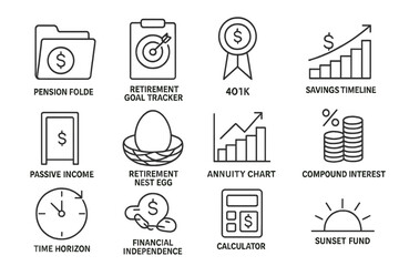 Fototapeta premium Retirement planning icons: goal tracker, 401k, savings timeline, passive income