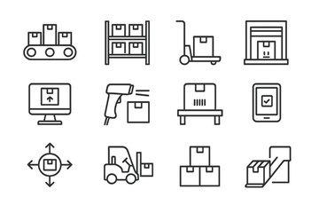 Warehouse logistics icons representing storage, scanning, and distribution processes