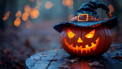 Naklejka premium Glowing Jack O Lantern with Witch Hat on Wooden Surface at Night Halloween pumpkin