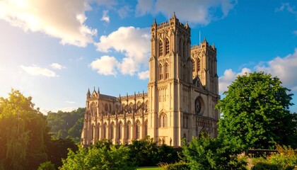 Fototapeta premium A stately cathedral bathed in golden sunlight