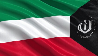 Kuwait national flag featuring horizontal green, white, and red stripes with a black trapezoid at the hoist and central emblem showing a book, pen, and Arabic script