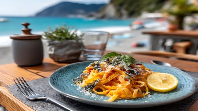 Dining on seafood pasta at a scenic beachside trattoria cinque terre italy outdoor seating culinary experience