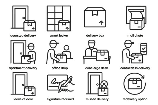 Various delivery methods icons: doorstep, locker, office, contactless, redelivery
