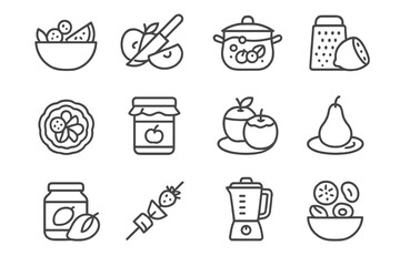 Monochrome kitchen icons: fruits, jar, blender, skewer, pot, bowl