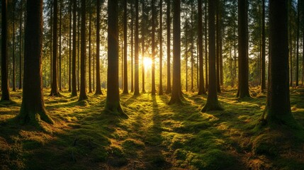 Fototapeta premium The morning sun shines upon a coniferous forest being used for forestry purposes