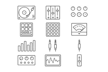 Black and white audio equipment icons on metallic background