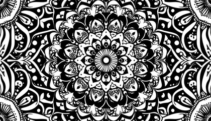Intricate black and white mandala pattern.  Complex, symmetrical design featuring repeating floral motifs and swirling lines, creating a visually rich and detailed backdrop
