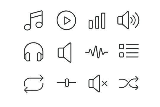 Audio icon set featuring music, sound, and playback symbols