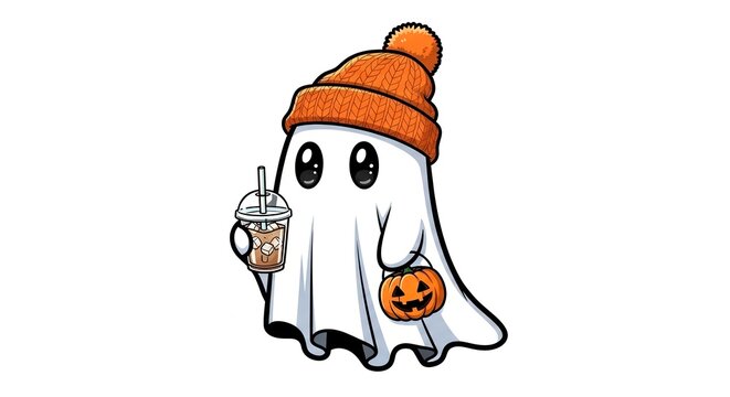 Cute ghost character dressed for Halloween holding a drink and pumpkin, ready for fun in a festive setting