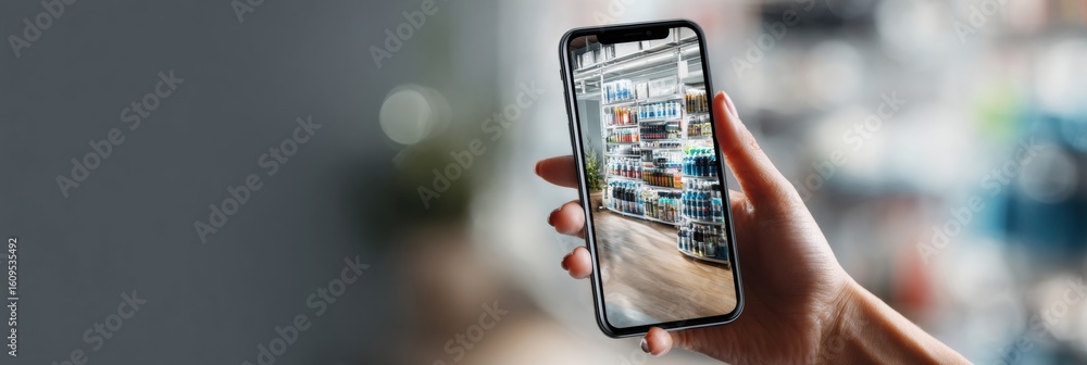 Poster augmented product display viewed on smartphone in neutral background showcasing various items in ret