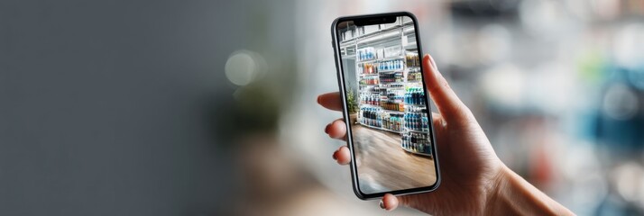 Augmented Product Display Viewed on Smartphone in Neutral Background Showcasing Various Items in Retail Setting