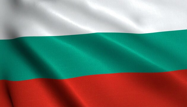 Bulgarian national flag with horizontal white, green, and red stripes representing peace, nature, and courage