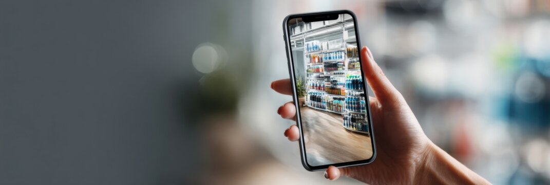 Augmented Product Display Viewed on Smartphone in Neutral Background Showcasing Various Items in Retail Setting