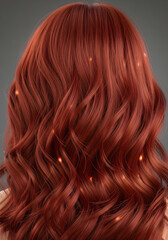 Fototapeta premium A close-up view from behind shows lustrous, wavy red hair with subtle, glowing light effects throughout