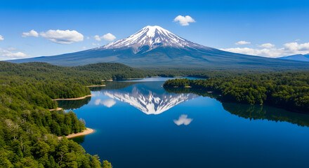 Tranquil Lake Reflecting a Snow-Capped Volcano Amidst Lush Greenery
