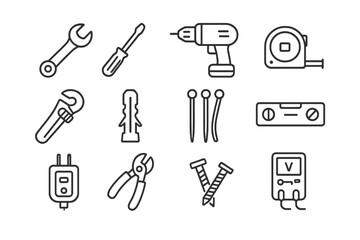 Outline of various hand tools on dark background