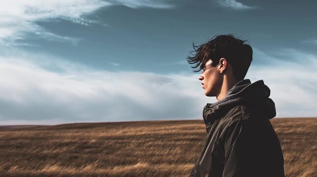 Young man stands alone in an open field as wind pulls at his clothes. A cinematic, introspective moment evoking freedom, solitude, and connection with nature &mdash; perfect for emotional or lifestyle visua