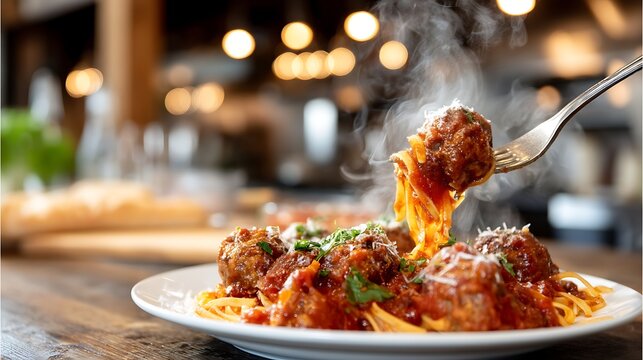 Delicious spaghetti with meatballs twirled on a fork italian restaurant food photography cozy atmosphere close-up shot