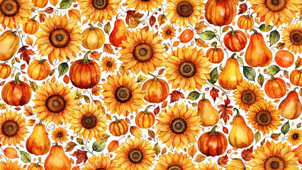 Autumn Harvest Seamless Pattern with Sunflowers and Pumpkins