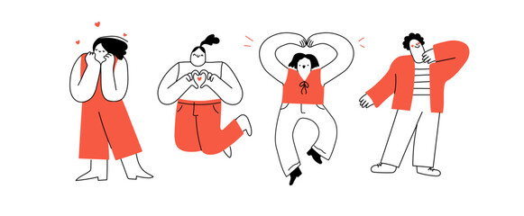 Quirky abstract people in hand drawn line art style. Set of modern man, woman expressing positive emotions, happiness. Cute vector illustration