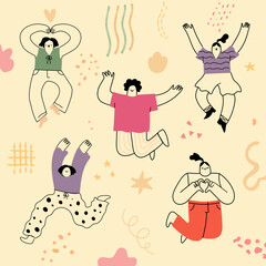 Quirky abstract people seamless pattern. Happy doodle diverse man, woman jumping excited. Cute vector illustration in hand drawn line art style