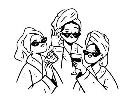 Bachelorette and bridesmaids clipart, girls night party hand drawn outline