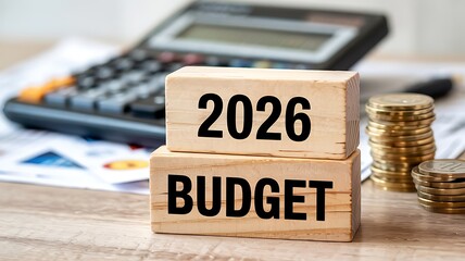 Wooden blocks stacked with the year 2026 and the word budget in bold black lettering with a calculator and coins in the background