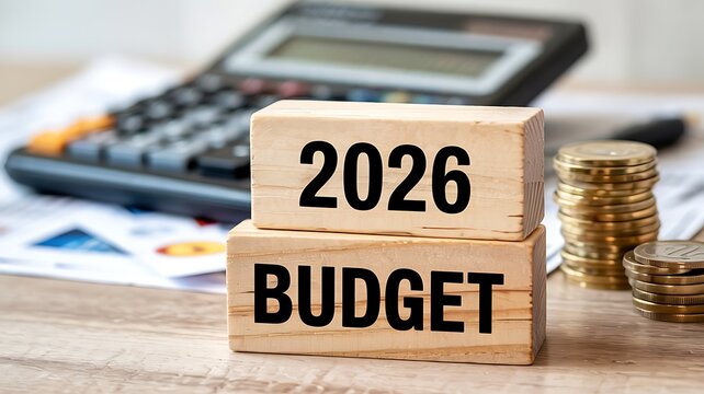 Wooden blocks stacked with the year 2026 and the word budget in bold black lettering with a calculator and coins in the background