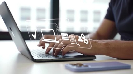 Working on Laptop with Data Management Icons Overlay - Workflow Automation, Digital Transformation, Productivity Concept - Powered by Adobe