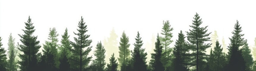 The scene depicts a set of pine, spruce, and Christmas trees set against a white background with a silhouette forest background