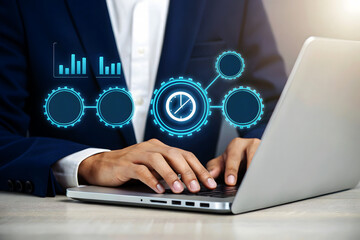 Businessman using laptop with digital analytics and clock interface