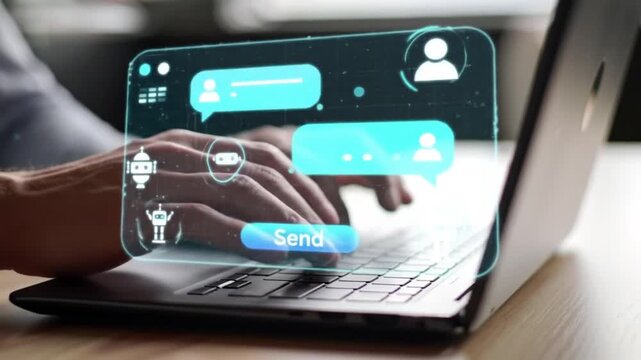 Typing on Laptop with AI Chat Overlay Business, Communication, Technology Concept