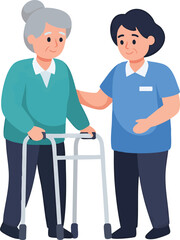 Obraz premium Elderly woman with walker being assisted by a caregiver.