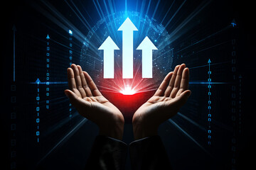 Hands holding upward arrows over digital globe open