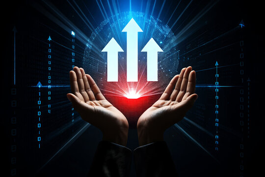 Hands holding upward arrows over digital globe open - Powered by Adobe
