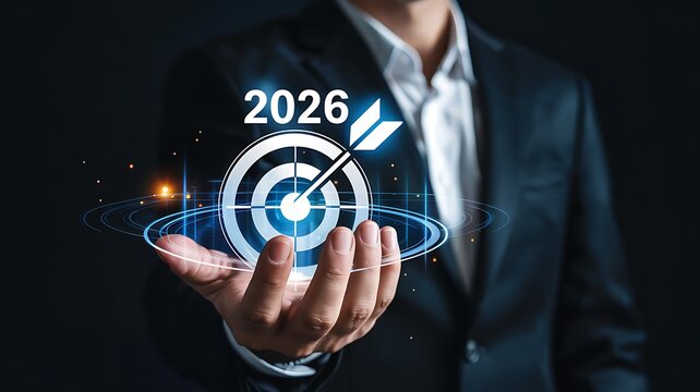 Businessman holding a futuristic digital target with an arrow hitting the bullseye signifying success and achievement in the year 2026