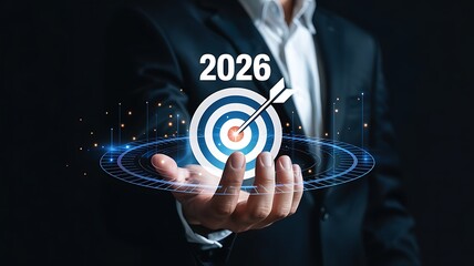 Businessman holding a futuristic glowing target with an arrow hitting the bullseye representing success and achievement in the year 2026