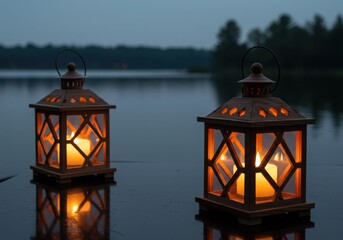 Two lit lanterns by a lake at dusk