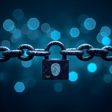 Digital Asset Protection: Futuristic Biometric Padlock on Metallic Chain with Blue Bokeh - Cybersecurity Compliance Concept