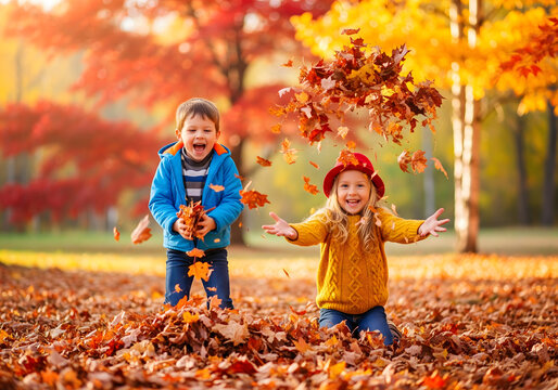 Two young children, a male and a female, appearing joyful and playful, throw colorful autumn leaves into the air in a park - Powered by Adobe