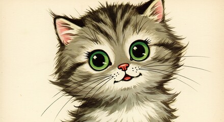 Charming vintage illustration of a fluffy kitten with big green eyes.
